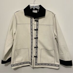 Alfred Dunner womens 12 petite faux suede jacket cream black trim toggle buttons